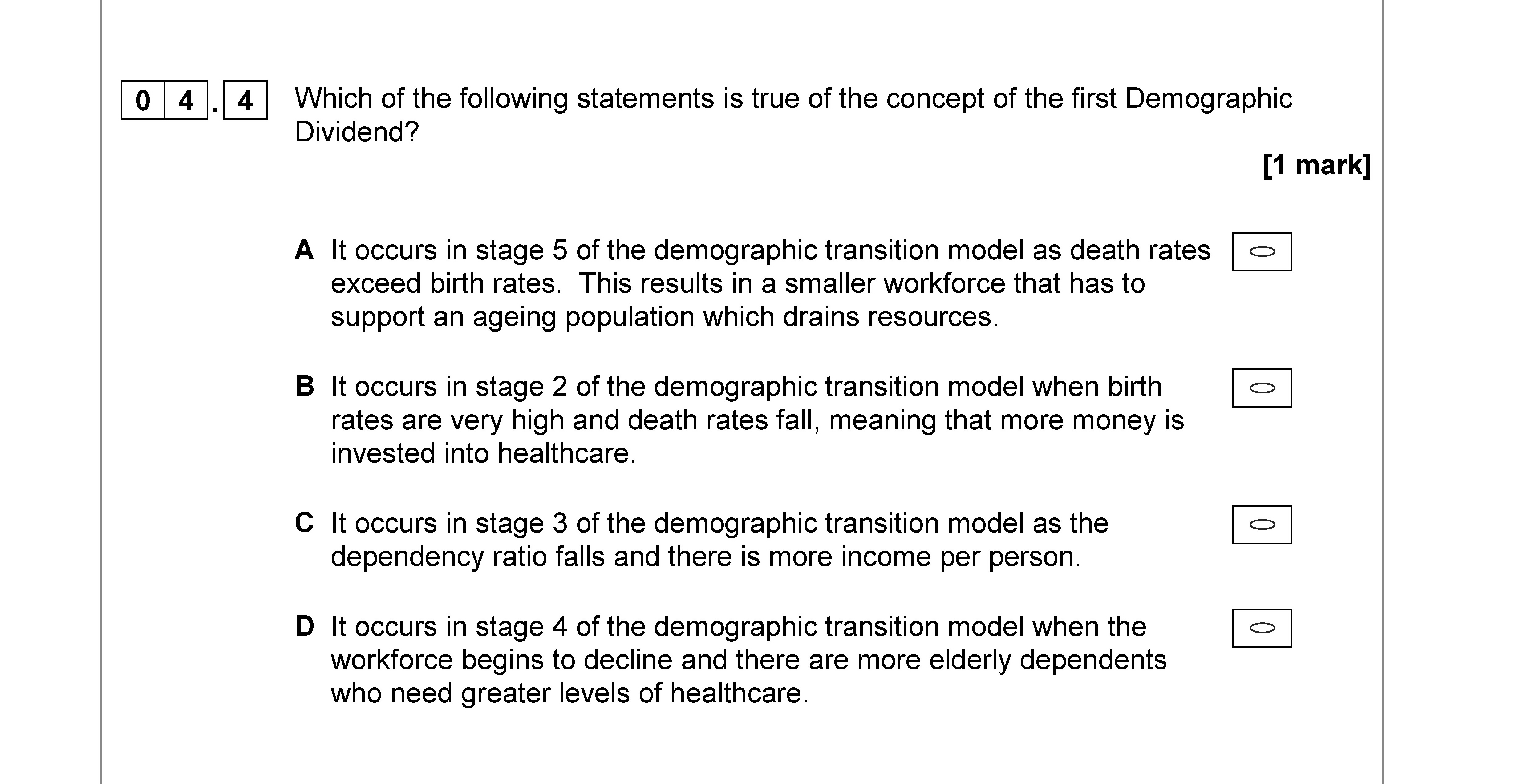 Which-of-the-following-statements-is-true-of-the-concept-of-the-first-Demographic-Dividend?--A-AQA-A-Level Geography-Question 4-2018-Paper 2.png